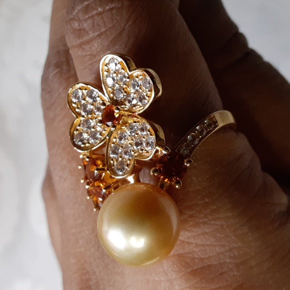 925  Golden South Sea Pearl, Madeira Citrine, White Zircons Ring. 10.5mm FIRM. - Picture 3 of 17